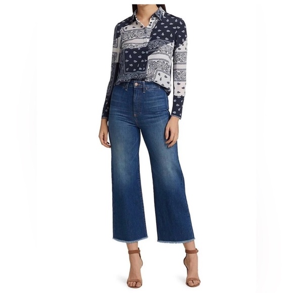 Alice + Olivia Willa Silk Placket Bandana Patchwork Shirt in Blue/White, Size XS - Picture 5 of 13